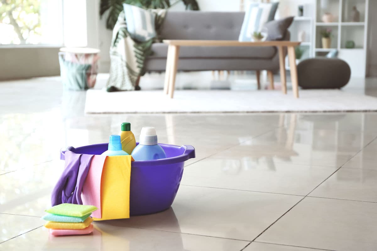 Cleaning bucket with sprays and microfiber cloths, products tools and supplies guide.