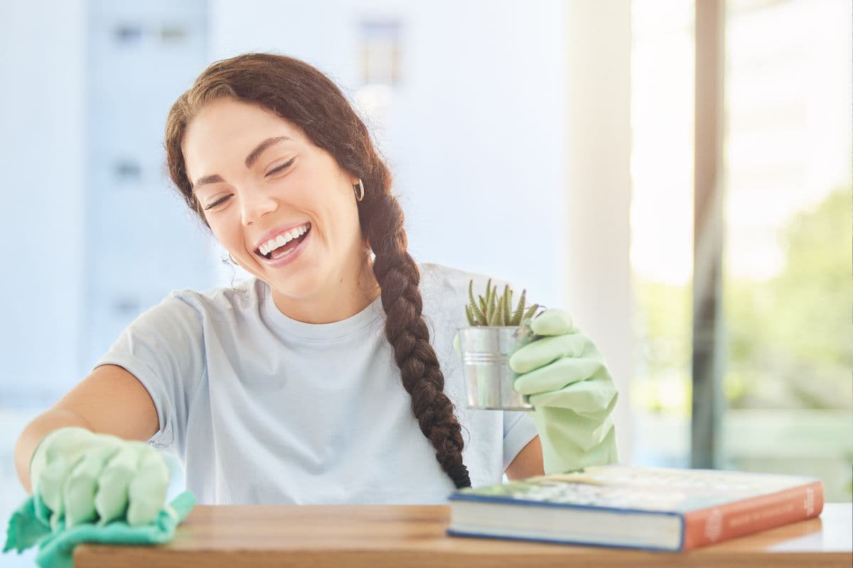 Smiling woman wearing gloves wipes a table while holding a small potted plant, simple home cleaning routine.